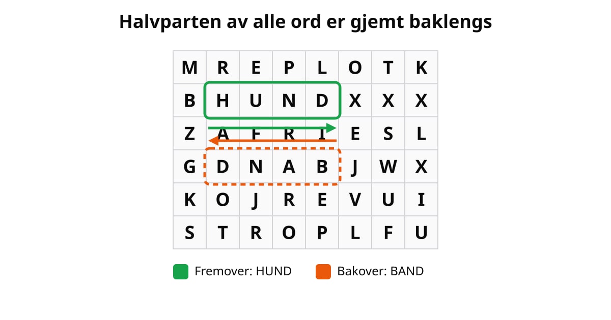 Ordsøk-eksempel: HUND fremover (grønn) og BAND bakover (oransje) i et 8×6-bokstavsrutenett.